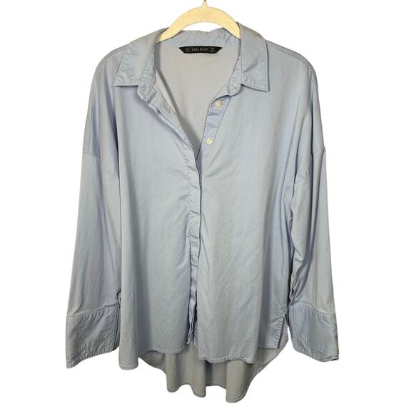 Zara Basic Blue Button Down Cotton Blend Blouse Women's Medium - Picture 1 of 6